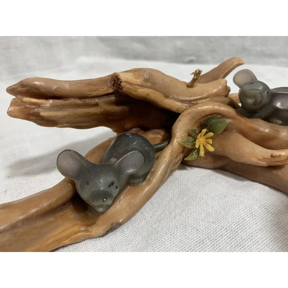 Sculpted Candle Two Mice on Logs in Forest Wax Vintage MCM Plastic Flower 9 inch